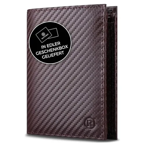 RUTAKO Leder Geldbörse Herren mit RFID Schutz - Portemonnaie Groß mit Münzfach - 12 Fächer - Geldbeutel für Männer - Brieftasche Wallet Portmonee Carbon-Braun