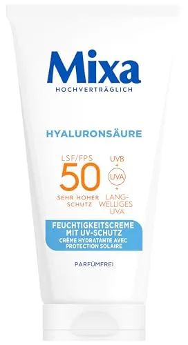 Mixa Feuchtigkeitscreme mit UV-Schutz LSF 50 - 50 ml - Tagescreme für empfindliche Haut, bietet 24 Stunden Feuchtigkeit und schützt mit Lichtschutzfaktor 50 vor schädlicher UV-Strahlung.