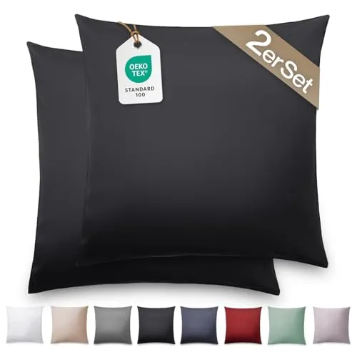 Blumtal Mako Satin Kissenbezug 40x40 Baumwolle Schwarz - 2er Set Kissenbezüge aus 100% Baumwolle - edle Glanzoptik & Reißverschluss - Satin Kissenbezug für Kissen 40x40 Dekokissen & Sofakissen