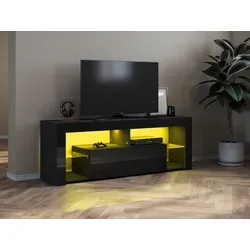 SUNXURY Lowboard TV-Schränke Schwarz Hochglanz mit LED Beleuchtung, 12-LED-Farben, mit Klapptür, Griffloses Design,mit Glasregal 140x 35 x 50.5cm - Schwarz