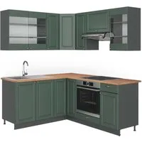 Vicco Winkelküche Fame-Line, Grün-Gold Landhaus/Anthrazit - Küchenzeile mit L-Form, flexibler Anordnung und Soft-Close-Scharniere für leises Schließen. Optimaler Stauraum und stilvolles Design bringen neuen Schwung in Ihre Küche!