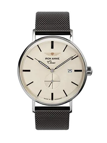 Iron Annie Herrenuhr Made in Germany Classic Serie Quarz kleine Sekunde Datum 5938, Edelstahlarmband Beige/Schwarz, Armband