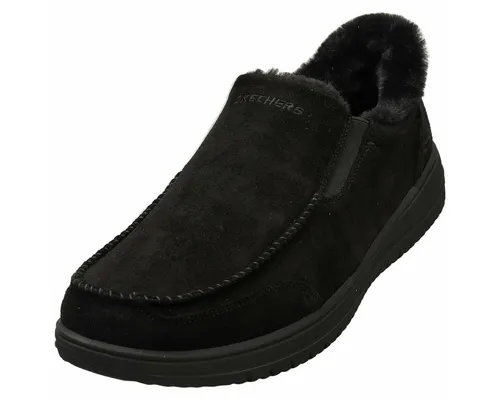 Skechers Herren Murette Scofield Hausschuh, Black Microfiber, 42 EU - Herren-Hausschuhe mit luxuriösem Kunstfell und komfortablem Schaumstoff-Fußbett für ultimativen Tragekomfort und einfache Slip-In Passform.