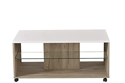 FORMA IDEALE Couchtisch - Stilvoller Becej mit Ablage - Couchtisch in Grey Oak mit 1 Glasablage und 5 praktischen Rollen für flexibles Umstellen, ideal für modernes Wohnen.