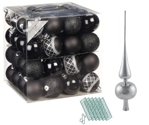 JACK 64x Kunststoff Christbaumkugeln Ø 6cm + Spitze 28cm inkl. Aufhänger Dekor Kugeln Set Weiß Rot Gold Grün Blau Silber, Farbe:Schwarz