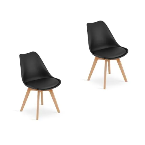 Home Collective 2er Set Esszimmerstuhl Stuhl Wohnzimmerstuhl 2X schwarz mit Vollholzbeinen in Natur, bequemer & Stabiler Schalenstuhl