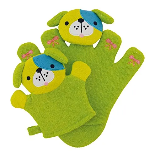 Bieco 04004090 - Waschhandschuh Set Hündchen Pauli mit Baby, ca. 24 x 22,5 x 2 cm