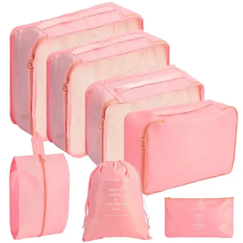 poraceous 7 Stück Set Koffer Organizer, Rosa Packing Cubes Packwürfel | Koffer Organizer, Mehrere Größen Rosa Packwürfel, Travel Essentials Kofferorganizer, für HandgepäCk Koffers Und Rucksack