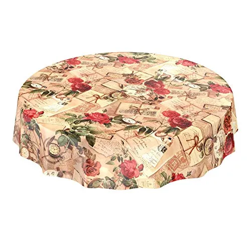 ANRO Tischdecke Wachstischdecke Wachstuch Wachstuchtischdecke Landhaus Rosen Briefe Rund 120cm eingefasst