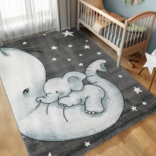 Carpettex Kinderteppich Elefant Design Blau 80 x 150 cm Läufer - Kurzflor Teppich Kinderzimmer für Mädchen und Jungen Pflegeleicht Weich - Waschbarer Spielteppich Babyteppich Gaming Teppich Babyzimmer