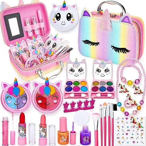 Lubibi Kinderschminke Set Mädchen, Waschbares, sicheres Make-up-Set für Kinder Mit Einhorn Kosmetiktasche,Nagellack,Geburtstag Weihnachten Einhorn-Geschenk für Mädchen 456789 10 Mit Geschenkbox