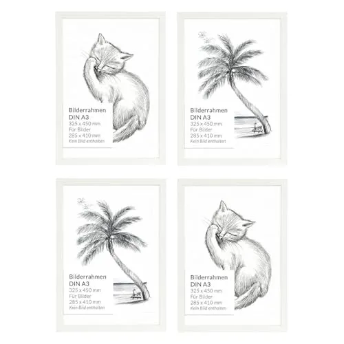 Easylight Holzrahmen Set 4 Stück DIN A3 Weiß - Vielseitiges 4er Set DIN A3 Bilderrahmen aus Holz und bruchsicherem Kunststoff. Ideal für Fotos, Urkunden und Kunstwerke. Flexibel aufhängbar im Hoch- und Querformat, perfekt für jeden Raum.