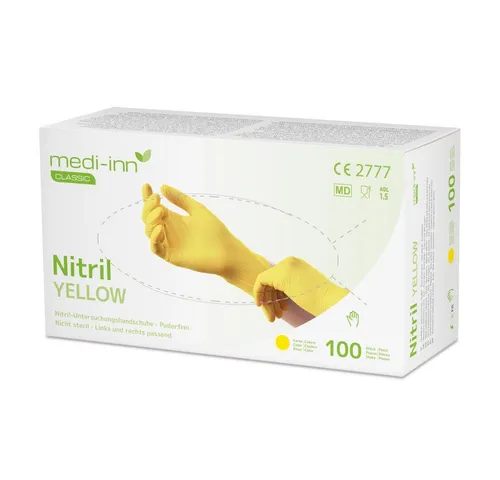 Medi-Inn® Classic Nitril Yellow Handschuhe Größe XL - Hochwertige Nitril Einmalhandschuhe in trendiger Gelbfarbe, ideal für Reinigung, Altenpflege und Lebensmittelsektor. Besonders stabil, mit Gripstruktur und für Latexallergiker geeignet.