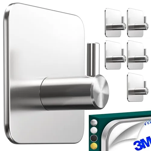 Menz Handtuchhalter ohne Bohren, 6-teiliges Set – Silberne Klebehaken Edelstahl als praktische Handtuchhaken, wasserfeste Haken selbstklebend, Badezimmer Handtuchhalter, ideal für Bad und Küche