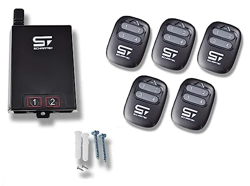 SCHARTEC® Universal Funkempfänger 230V mit Fernbedienung - 5er Set - Garagentor-Zubehör: 230V Funkempfänger für einfache Nachrüstung, hohe Reichweite bis 50m und sichere Rolling Code Verschlüsselung.