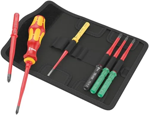 Wera Kraftform Kompakt VDE 7 extra slim - Elektriker Wechselklingen-Set - Schraubenzieher-Set mit 1 Handhalter und 6 VDE-Wechselklingen, ideal für sicheres Arbeiten bis 1.000 V. Inklusive robuster Gürteltasche mit Klettstreifen für flexible Aufbewahrung.