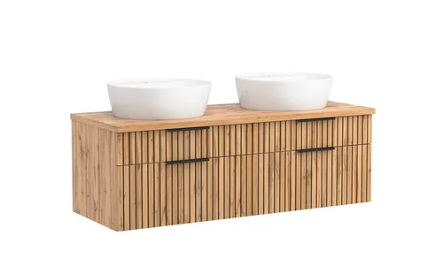 freiraum Waschtisch Nizza in Wotaneiche-Dekor - 120 cm - Moderner Waschtisch Nizza mit zwei Keramikbecken und vier Softclose-Schubladen. Mit 120 cm Breite und pflegeleichter Oberfläche ideal für stilvolle Badezimmer.