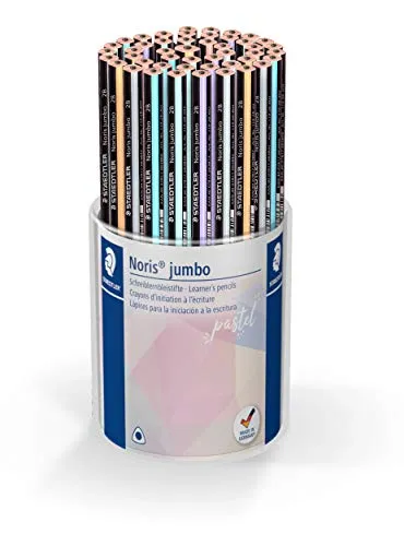 STAEDTLER dicker Schreiblernbleistift Noris jumbo 119, Dreikantform, ideal für die ersten Schreibübungen, sehr gute Qualität, Härtegrad 2B, 48 Bleistifte in 6 Pastellfarben im Kartonköcher, 119 KP48PA