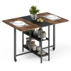 Mondeer Klappbarer Esstisch Küchentisch mit 2 Ablagen und Rollen 120 x 80 x 75 cm Vintage Braun - Braun