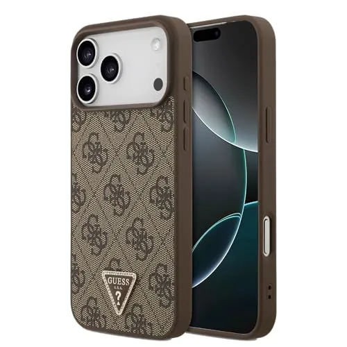 CG MOBILE Guess Leder 4G Triangle Strass Hülle für iPhone 17 Pro (Braun)