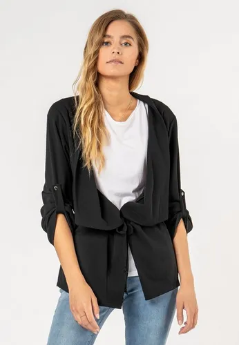 Sublevel Damen Blazer zum Binden Lässig Black S - Blazer für Damen, entspannter Schnitt mit Bindedetail, aus feiner Kunstfaser für hohen Tragekomfort und lässigen Look.