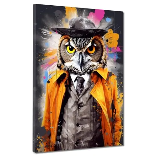 Pop Art Eule im Anzug Colour Splash Leinwandbild Wandbild Kunstdruck XL Wanddeko Größe 60x80x4cm