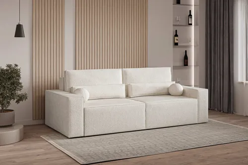 Sofa Denver Mini mit Schlaffunktion aus Bouclé in weiß von MOEBLO