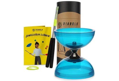 Diabolo Freizeitsport Spiel Diabolo Basic & Pro - inkl. Alu-Handstäben, Ersatzschnur, Anleitung, Schwarzlicht Diabolo Geschenkset für Kinder und Anfänger, Diabolo Set Pro Clear UV Türkis mit Kugellager ab 5 Jahren