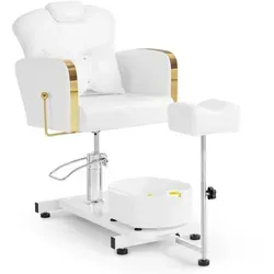 Barberpub Pediküre Stuhl F0371 mit Fußbadewanne (Gold-Weiß) - Eleganter Pedikürestuhl für Fliesen- und Laminatböden, ausgestattet mit einer komfortablen Fußbadewanne für ein entspannendes Erlebnis.