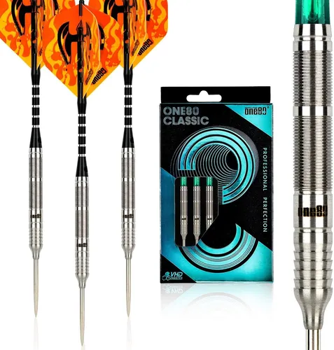 One80 Tungsten Steeldarts 23g mit Flights und Schäften - Hochwertige Steeldarts mit 23g pro Pfeil. Ideal für präzises Spielen, gefertigt aus 90% Wolfram. Inklusive Aluminium-Schäften und PVC-Flights, geliefert in einer kompakten Box.