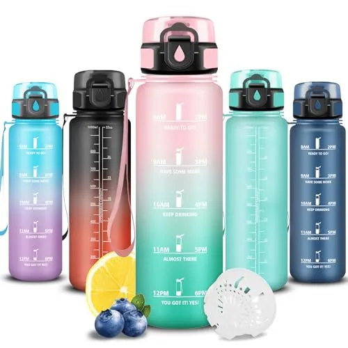 Trinkflasche- 1 liter- Wasserflasche Sport, Trinkflasche Auslaufsicher, Wasserflasche mit Zeitmarkierung, Leicht zu Tragen und zu Reinigen, Sportflasche für Fahhrad, Schule, Erwachsene, Gym, Fitness