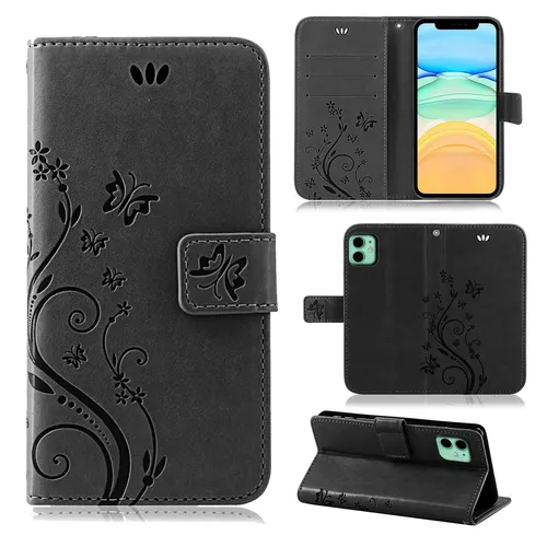 Handyhülle Schutz Hülle Blumen Flip Cover Buch Case für Apple iPhone 11 Schwarz