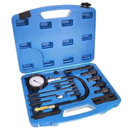 Kompressionsprüfer Meßgerät 17tlg für Diesel Motoren - Kompressionstester für TDI und CDI Dieselmotoren, 17-tlg. Set mit flexiblem 35.5 cm Schlauch und Schnellwechselkupplung für einfache Handhabung und präzise Messungen.