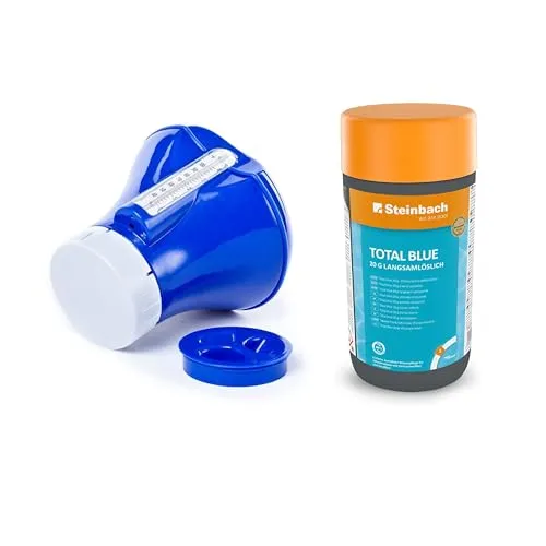 Steinbach Dosierschwimmer Starter Kit inkl. Total Blue - Chlor für Pools, sorgt mit langsamlöslicher 20 g Tablette für kontinuierliche Desinfektion und kristallklares Wasser. Ideal zur effektiven Poolpflege und Algenbekämpfung.