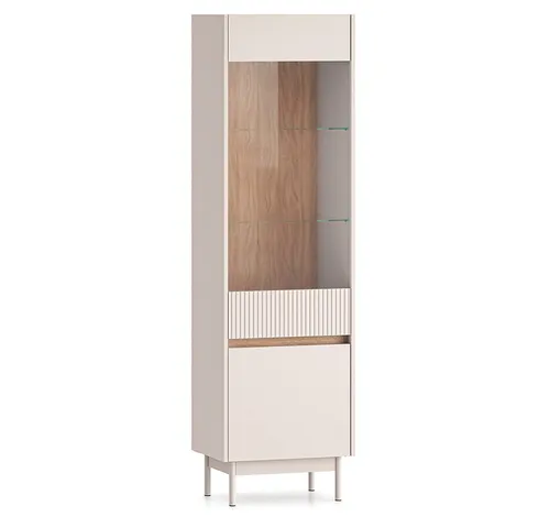 Lomadox Vitrine DINAR-131 kaschmir matt Eiche Dekor 55 cm breit Metallfüße grifflos Rillenoptik