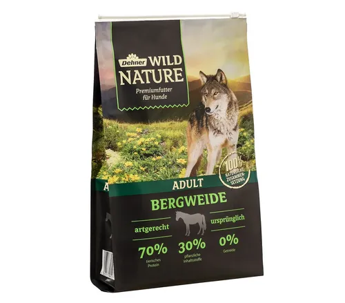 Dehner Wild Nature Hundefutter Bergweide - Trockenfutter für ausgewachsene Hunde, getreidefrei und ideal für sensible Hunde mit hohem Pferdefleischanteil