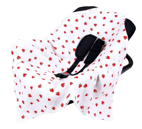 Babylux Einschlagdecke für Babyschale Autositz 80x80 cm – Sommer Babydecke aus Musselin Baumwolle – Atmungsaktiv, mit Gurtschlitzen (D9 Erdbeeren)