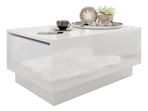 MIRJAN24 Couchtisch Moon 90x60 - Moderner Kaffeetisch mit Stauraum - Stylischer Couchtisch Moon in Weiß Hochglanz, ausgestattet mit Gasdruckfeder für einfache Höhenverstellung und praktischem Stauraum, ideal für Ihr Wohnzimmer.