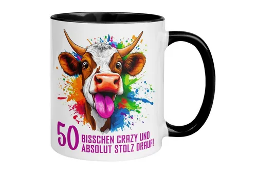 Momentals Tasse 50. Geburtstag Mann Frau – Crazy und Stolz drauf – Männer Frauen, Beidseitiger Druck · Links- & Rechtshänder · Spülmaschinenfest