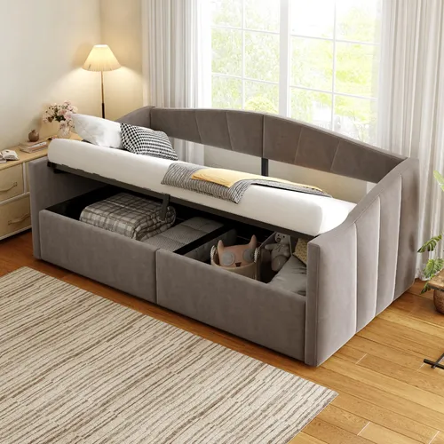 okwish Schlafsofa 90×200 Jugendbett mit Lattenrost und Armlehnen,Multifunktionales Einzelbett aus Samtstoff,Mit hydraulischer Lagerung,Grau