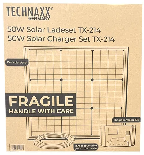 Technaxx 50W Solar Ladeset TX-214 - Tragbares monokristallines Solarpanel mit LCD-Anzeige, ideal für Garten und Camping, lädt Auto- und Wohnmobil-Batterien