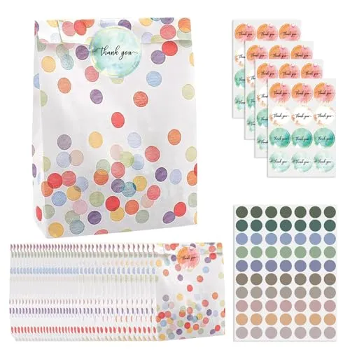 Haveneit 40 Stück Geschenktüten mit 48 Aufkleber, 19 x 13 x 3,5cm Mitgebsel Tüten Geschenktüten Kindergeburtstag, Regenbogen Punkte Mitgebsel Candy Tüten für Party und Festival