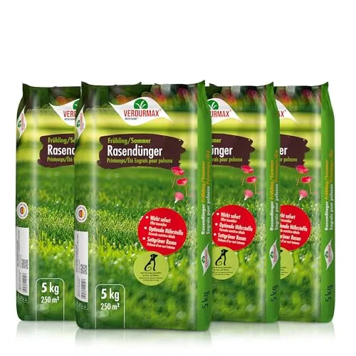 VERDURMAX® Rasendünger Frühling/Sommer 4x 5 kg - Dünger für saftig grünen Rasen – Optimal für Frühjahr und Sommer mit N-P-K 14-3-8, unterstützt gesundes Wachstum und schützt vor Trockenstress.