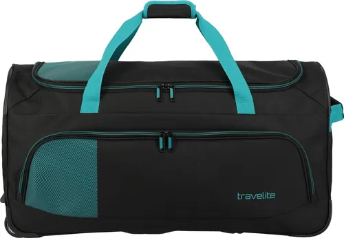 Travelite Basics Fresh Wheeled Duffle L - Black/Petrol - Robuste Reisetasche mit 89-Liter-Hauptfach, integrierter Trolley-Funktion und laufruhigen Inlinerrollen für mühelosen Transport. Ideal für Wochenendausflüge oder längere Reisen.