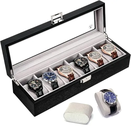 Slege Uhrenbox aus Holz mit 6 Fächern,Uhrenetui für Herren,komplett mit Samt ausgekleidet,Uhrenhalter Glasplatte & Uhrenkissen,Uhrengehäuse-Organizer als Geschenk für Herren und Damen (Schwarz)