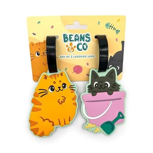 Set mit 2 Gepäckanhängern aus PVC, Motiv: Katzen Beans & Co, Adressanhänger für Flugzeug, Katze, für Mädchen und Kinder, Puckator