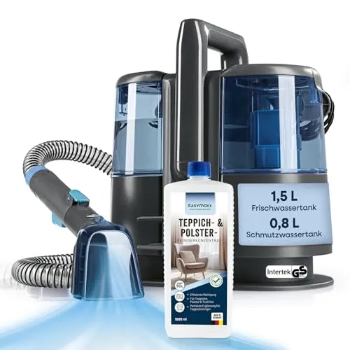 CLEANmaxx Pro Power Polsterreiniger 600W Blau – Leistungsstarker Waschsauger für Polster und Teppiche - Der CLEANmaxx Pro Power Polsterreiniger mit 600W bietet starke Saugkraft und ein Dualtank-System für optimale Reinigungsergebnisse. Ideal für Sofas, Autos und Teppiche – inklusive Teppichshampoo für effektive Fleckenentfernung!