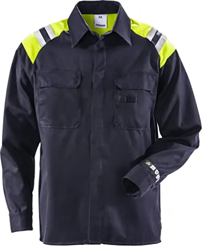 Fristads Flamestat-Shirt 7074 ATS - Dunkles Marineblau, Größe L - Flammgeschütztes Hemd für ATEX-Umgebungen, ohne Metalldetails und mit reflektierenden Schultern. Ideal für sicheres Arbeiten in anspruchsvollen Umgebungen.