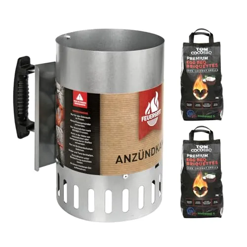 FEUERGOTT KS3480 Anzündkamin Premium Big XXL + Tom Coco Grill-Kokoskohlebriketts 2er-Pack (6 kg)