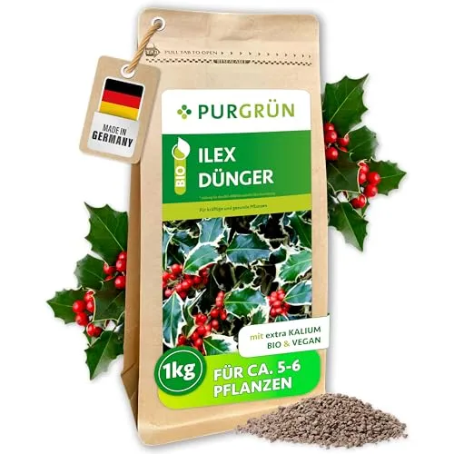 Purgrün Ilex Dünger - NPK 5+4+6, 1 kg - Pflanzendünger für gesunde Stechpalmen, mit extra Kalium und Magnesium für kräftige Blätter und erhöhte Widerstandsfähigkeit gegen Stressfaktoren.